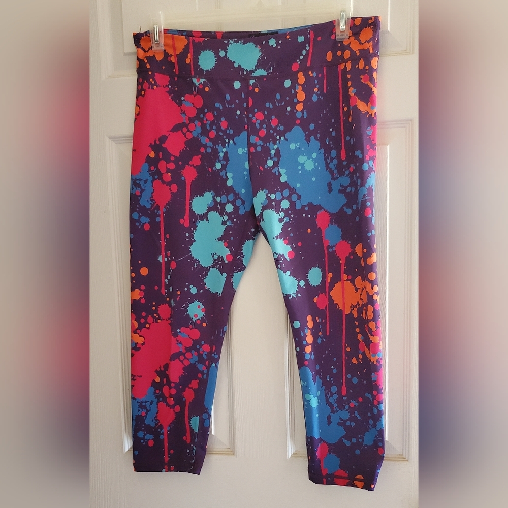 Constantly Varied Gear Purple Leggings with Blue, Pink & Orange Splash Print